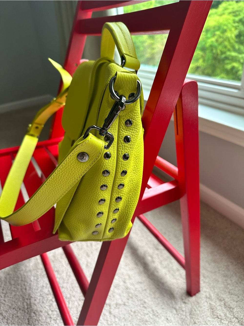 New John Fluevog Lime Green Grain Leather Satchel Handbag -Slouchy - Picture 4 of 9